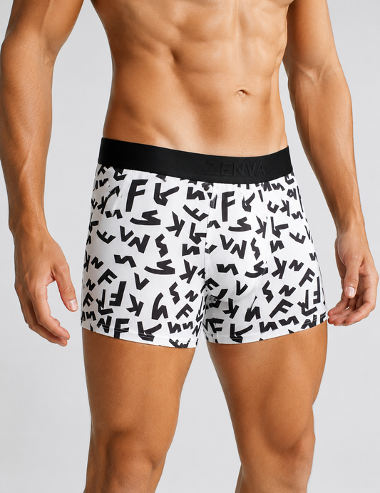 ZENVA Premium Men's Boxer Briefs ā White & Black Printed Stretch Trunks | Ultra Soft, Breathable & All-Day Comfort (PACK OF 3)