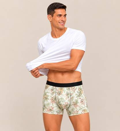 ZENVA Premium Men's Tropical Floral Boxer Briefs – Ivory & Sage Green | Ultra Soft, Breathable & 4-Way Stretch (PACK OF 3)