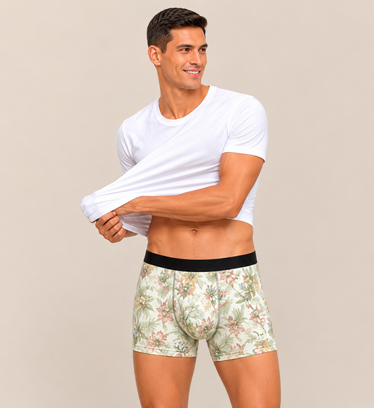 ZENVA Premium Men's Tropical Floral Boxer Briefs – Ivory & Sage Green | Ultra Soft, Breathable & 4-Way Stretch (PACK OF 3)