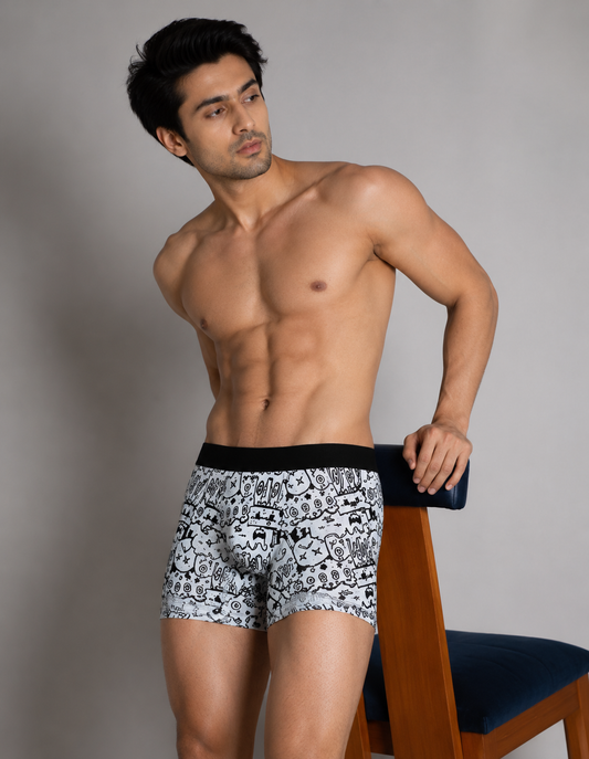 ZENVA Premium Grey Doodle Print Boxer Briefs for Men | Ultra-Soft Stretch | Breathable Everyday Underwear (PACK OF 3)