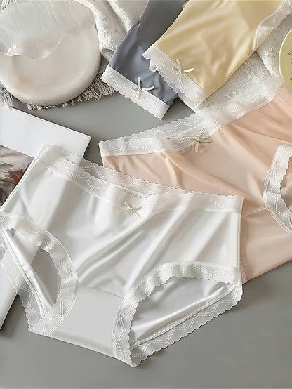 Women’s Lace Trim Mid-Waist Panties – Pack of 3 | Soft Stretch Briefs | Elegant Bow Detail Everyday Underwear