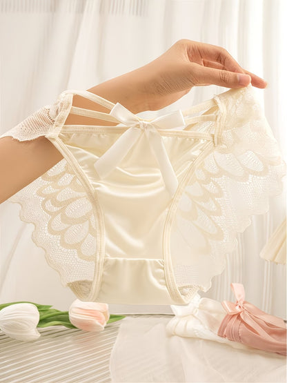 VelvetGlow Lace Bow Panties – Ultra Soft Satin | Breathable Mesh | Elegant Stretch Fit (PACK OF 3)