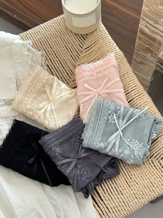 Floral Lace Sheer Panties – Soft Satin | Elegant Bow | Premium Comfort (PACK OF 5)
