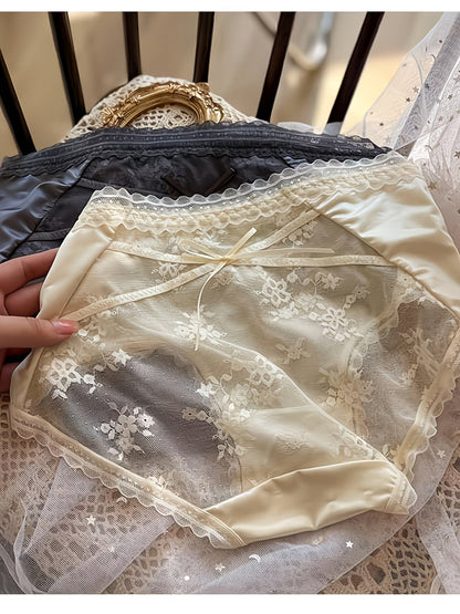 Floral Lace Sheer Panties – Soft Satin | Elegant Bow | Premium Comfort (PACK OF 5)