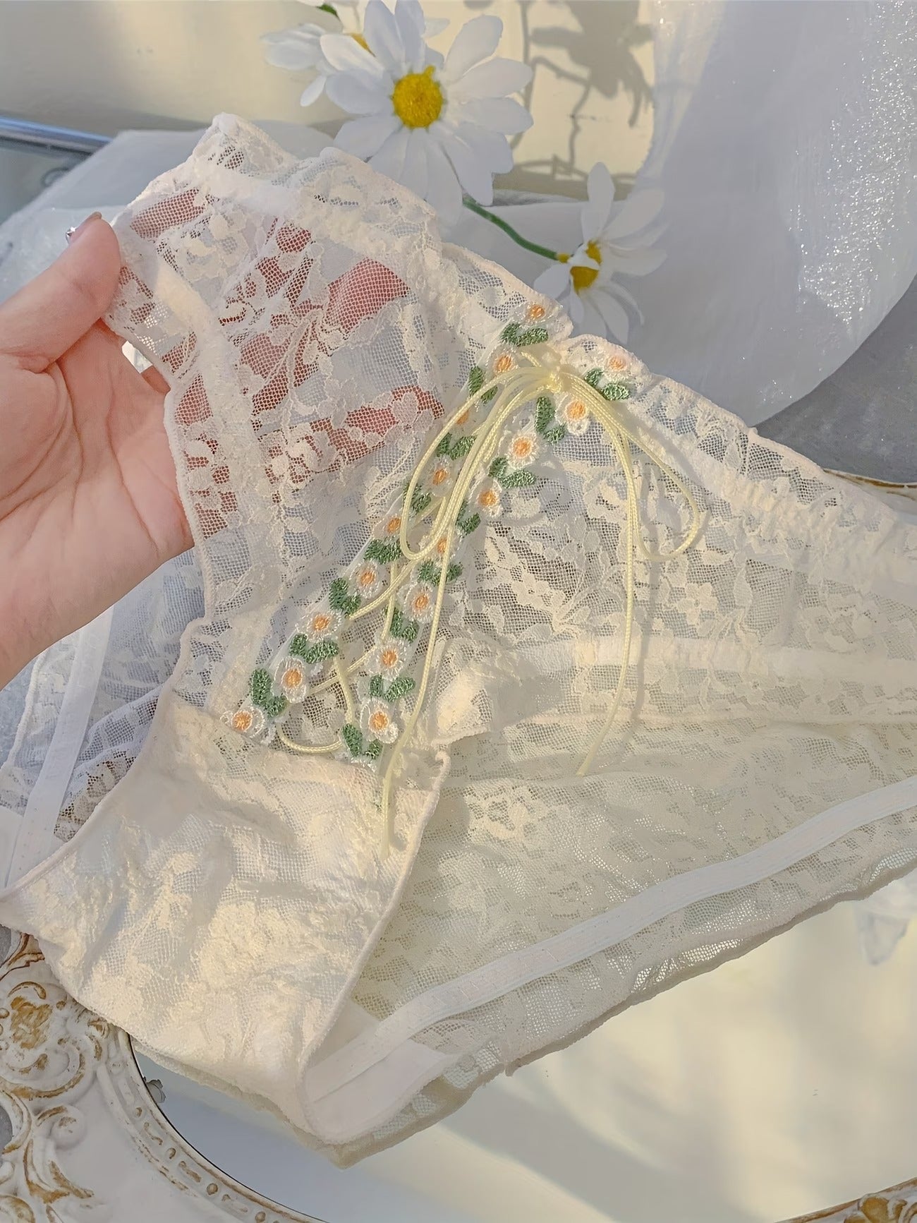 Daisy Embroidered Lace Panties – Soft Sheer Floral Luxury (Pack of 3)