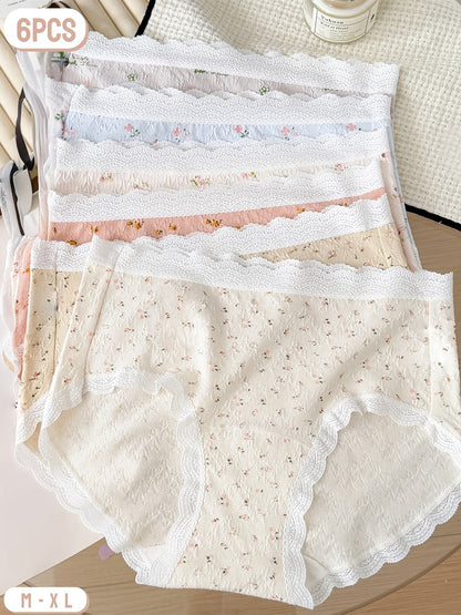 SoftBloom Cotton Panties – Breathable Floral Comfort Stretch | Lace Trim Everyday Essentials (6 PCS Pack)