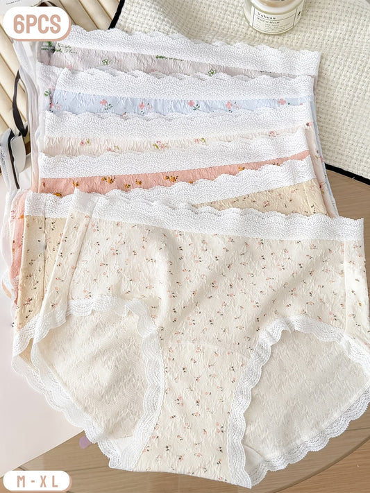 SoftBloom Cotton Panties – Breathable Floral Comfort Stretch | Lace Trim Everyday Essentials (6 PCS Pack)