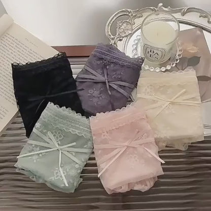 Floral Lace Sheer Panties – Soft Satin | Elegant Bow | Premium Comfort (PACK OF 5)